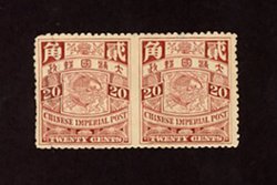 117b, CSS 139b, Chan 123d, 1902 without watermark 20ct. maroon Carp in horizontal pair imperf. between