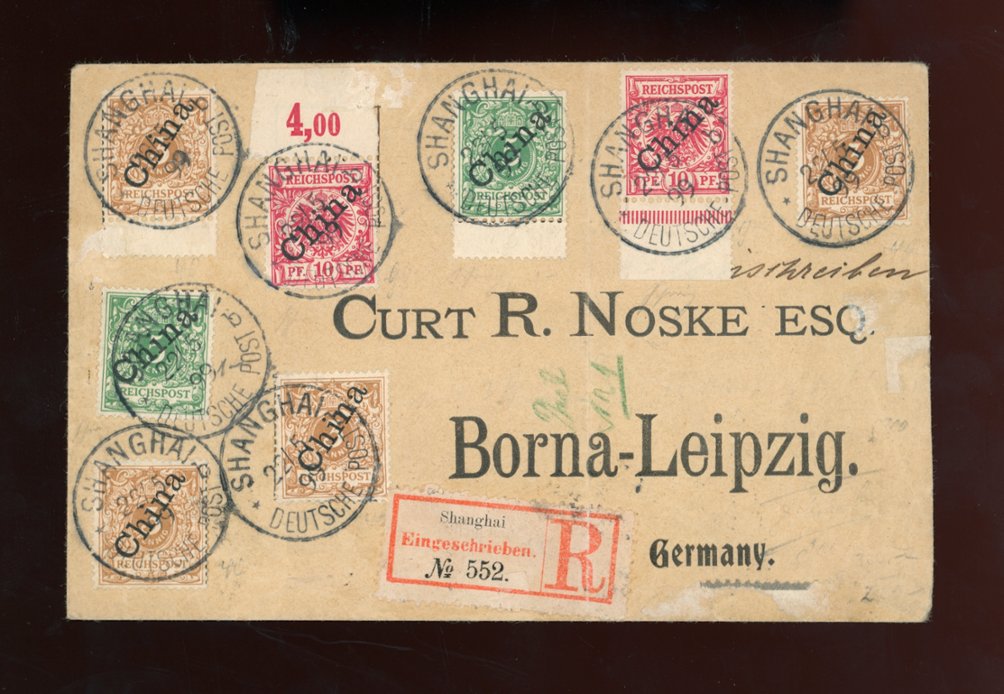 German Offices - registered cover of May 22, 1899, with Sc. 1b, 2a and 3a, receiver on reverse, signed Bothe, very scarce item, light center fold