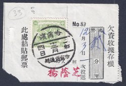 Manchukuo - 1937 Postage Due Slip, Harbin Daowai Post Office