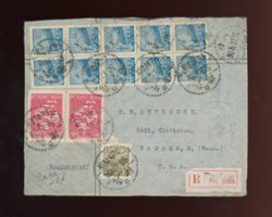 1950 March 31 Tientsin to USA with many stamps including some Liberated Area stamps, rough condition (2 images)