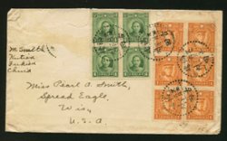 1939 cover to USA with some stamps missing (2 images)