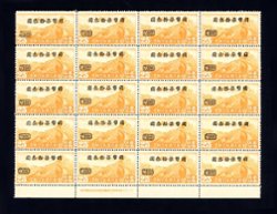 C50, AM87, May 2, 1946, Chinese National Currency Airmail Surcharges $73 on 25c, block of 20 (4x5) with bottom selvage printer's imprint and plate number BB1.10