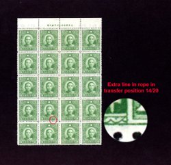 394, CSS 481 and 481a, 1939 and later, Watermarked Dah Tung Dr. SYS perf. 14, 10c. complete 4x5 transfer block of 20 stamps. "Extra line in rope" at transfer position 14/20