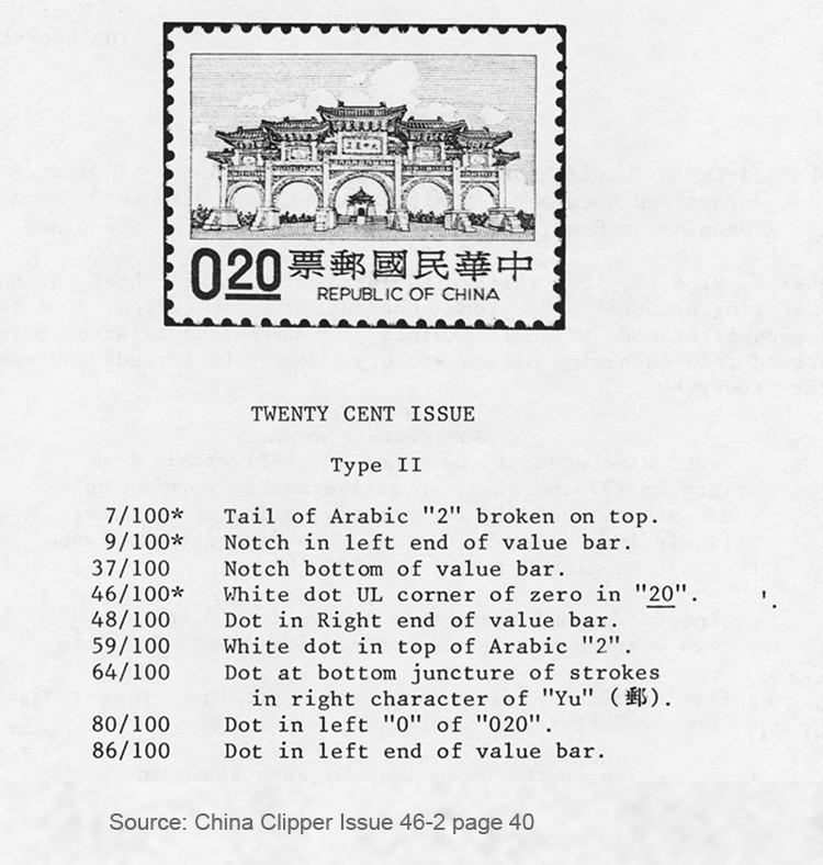 Chang Kai Shek Memorial Hall, 20c, sheet of 10 x 10 with plate number 70-1435-001, sheet number 7236 088, Type II (China Clipper Issue 46-2, page 40 for INFORMATION ON PLATE VARIETIES) (one fold on perfs.)