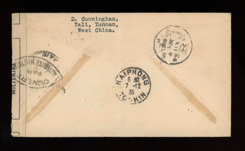 1939 Nov. 29 Tali, Yunnan, 50c surface to Manila, Philippines, via Hanoi, see reverse, folded at center (2 images)