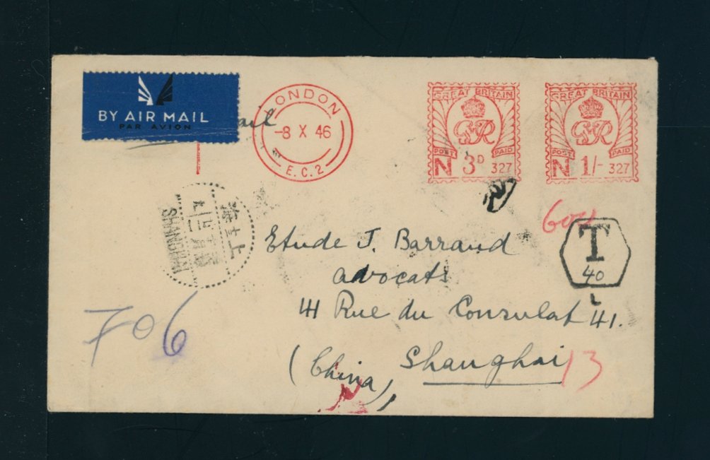 1946 Oct. 8 London, England, airmail to Shanghai with $600 postage due affixed Oct. 18 upon arrival. An excellent example of this postage due stamp used on cover. (2 images)